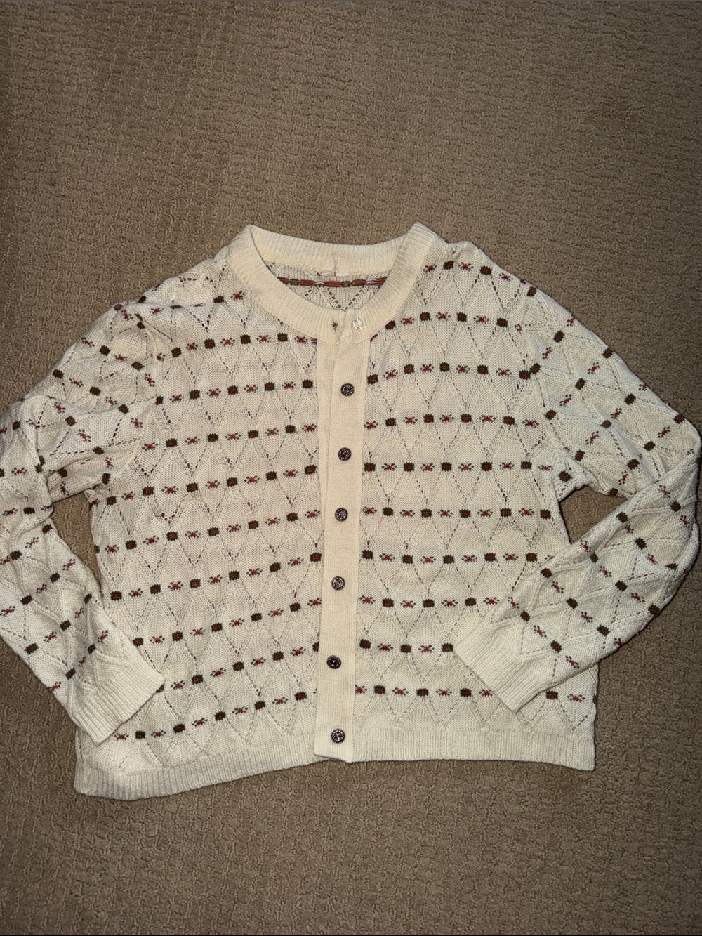 Cream Knit Button-Up Cardigan Sweater with Subtle Flower Accent